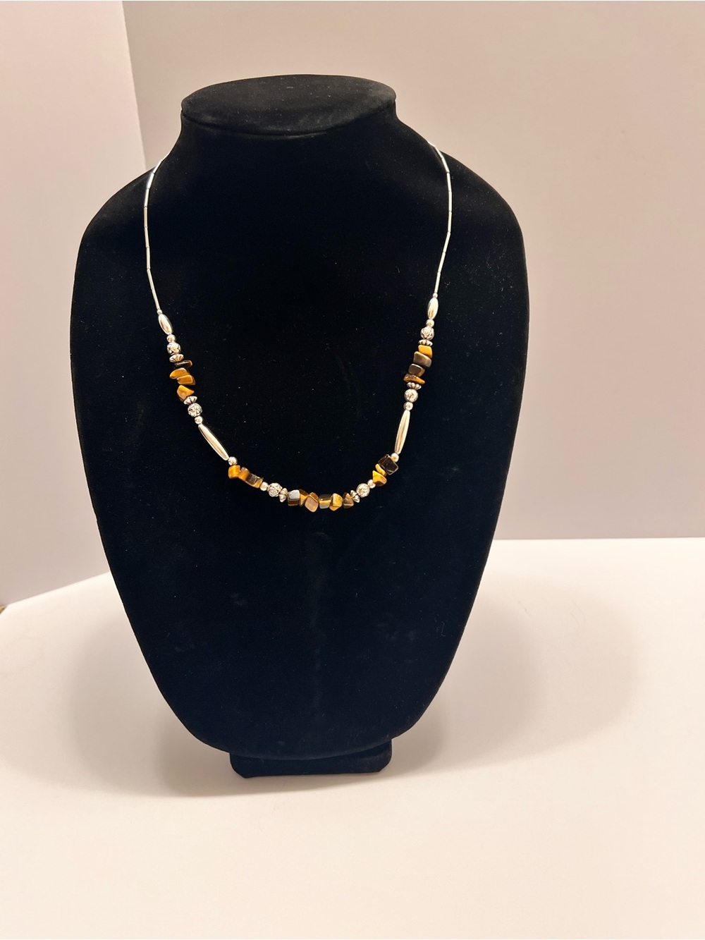 Sterling Silver Necklace with Tiger Eye Beads in Gold-Tones